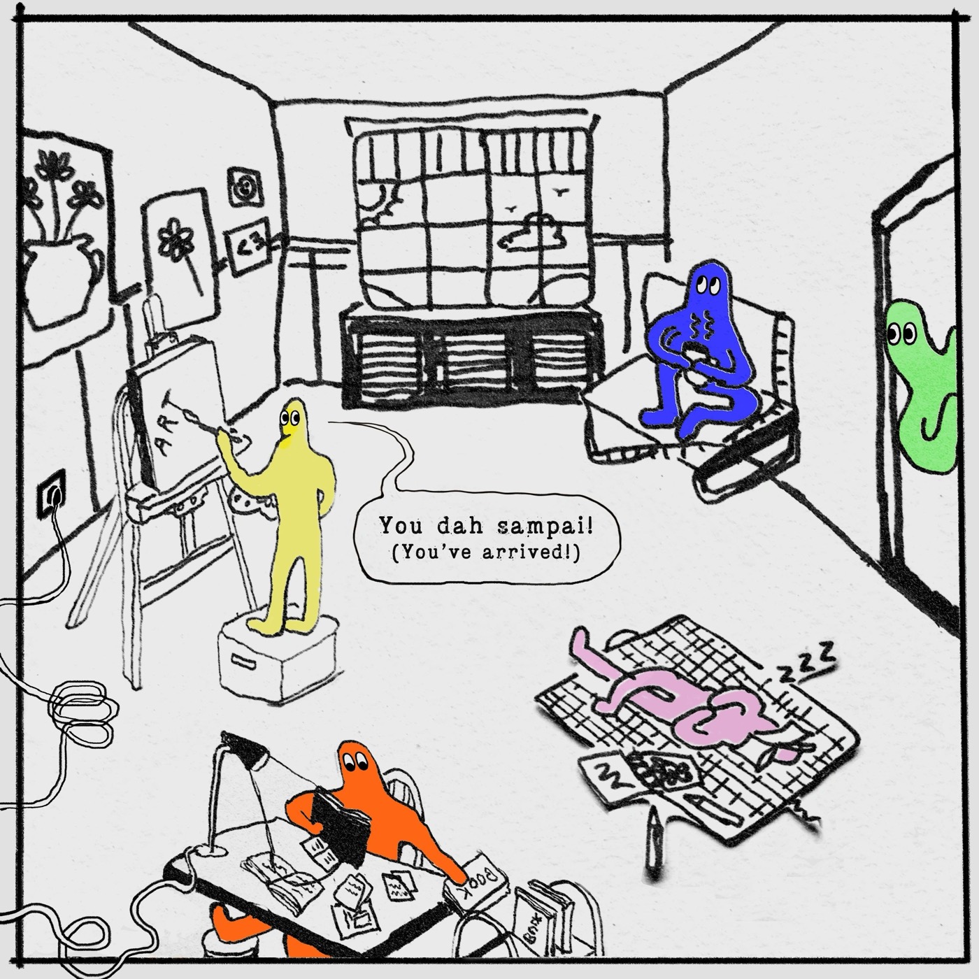 Colourful characters engaging in art, reading, and relaxing in a cosy, sketch-style room